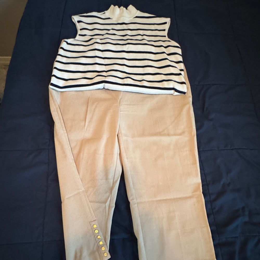 Striped Sleeveless Top and Tan Pants Set